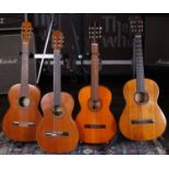 Four classical guitars in need of some attention including a Yamaha G-80, a Mervi, a Tantarra and