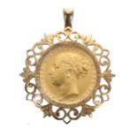 Victorian 1887 full sovereign coin in a 9ct pendant mount, 12.4gm, 41.5mm x 32mm