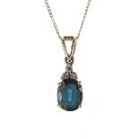 14ct oval sapphire and diamond pendant on a fine 9ct necklace, the sapphire 1.25ct approx, 2.1gm,