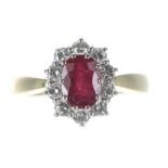 Good modern 18ct yellow gold ruby and diamond oval cluster ring, the oval ruby 1.00ct approx, set in