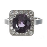 Attractive modern 18ct white gold purple spinel and diamond square dress cluster ring, the spinel