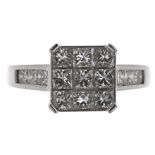 Good modern 18ct white gold diamond square cluster ring with set shoulders, princess-cuts, 1.00ct