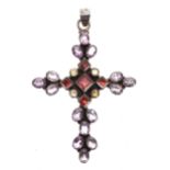 Attractive French silver backed cross pendant, set with garnets, oval amethysts and four citrine,