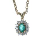 Attractive 18ct yellow gold emerald and diamond oval cluster pendant and necklace, the emerald 0.