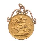 Edwardian 1902 full sovereign coin, converted to a pendant, 8.7gm