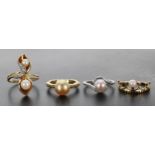 Three silver gilt (925) pearl and stone set rings; together with a silver (925) pearl and stone