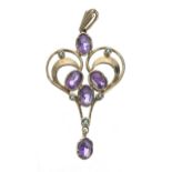Pretty Art Nouveau style 9ct amethyst and seed pearl openwork design pendant, 3.8gm, 46mm x 25mm