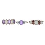 Three 9ct gem set dress rings, to include opals, amethysts and garnets, 7.3gm (3)