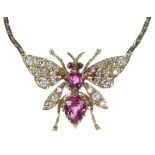 Attractive 18ct yellow gold ruby and diamond fly design necklace, the pendant with two rubies 1.00ct