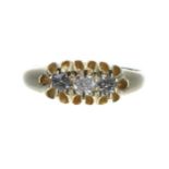Antique 18ct yellow gold claw set three stone diamond ring, round old-cuts, 0.38ct approx, width
