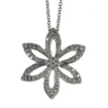 Modern 18ct white gold diamond set flower design pendant on a fine chain, round brilliant-cuts,