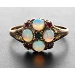 Pretty Victorian 12ct cabouchon opal and gem set ring, Birmingham 1870, width 10mm, 1.5gm, ring size