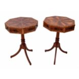 Pair of Sheraton Revival octagonal mahogany drum side tables, the satinwood crossbanded tops over