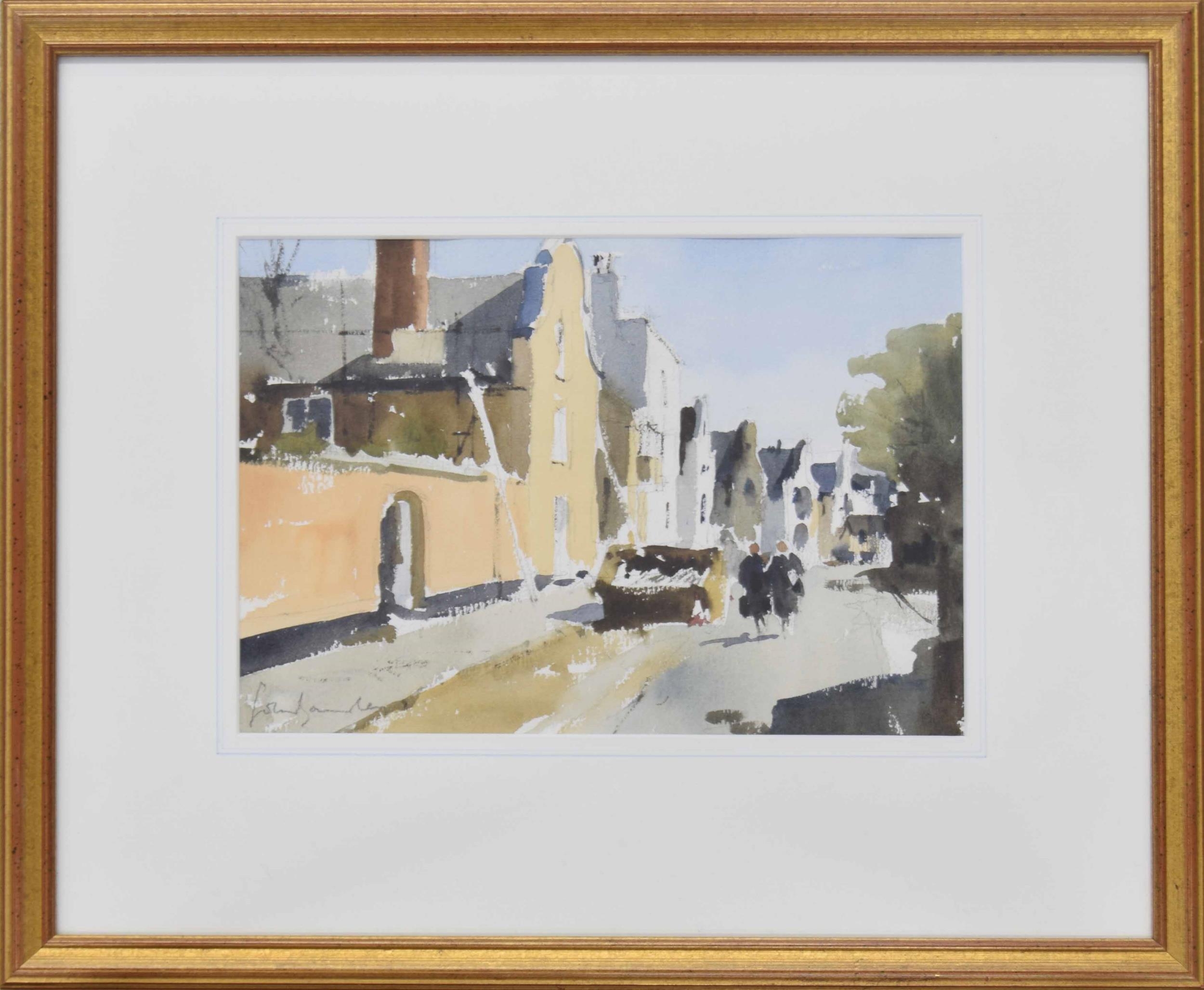 John Yardley Hon, Rtd, RI (b 1933) - 'Figures on a sunlit street' with houses nearby', signed,