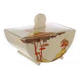 Clarice Cliff Bizarre 'Coral Firs' Biarritz tureen and cover, 8" wide, 5.5" high