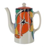 Clarice Cliff Bizarre 'Latona Flower' tankard coffee pot and cover, 7.5" high (cover restored)