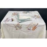 Decorative fine embroidered square tablecloth with Musical and Arts decoration; 70" x 70";