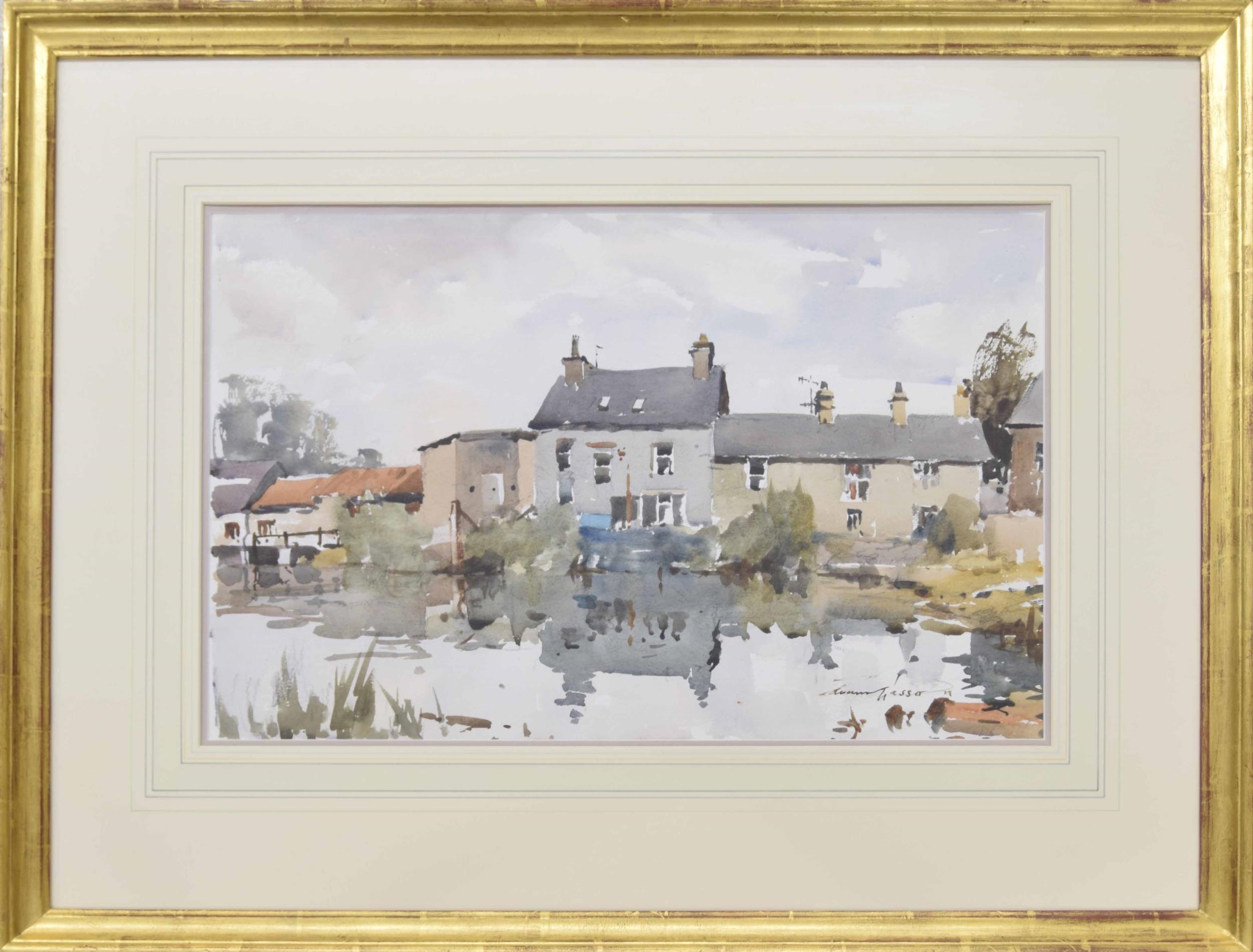 Edward Wesson RI., RSMA., RBA., RI., (1910-1983) - Houses beside a pond, signed, watercolour, 12.75"