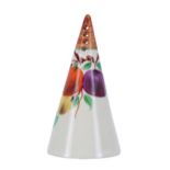 Clarice Cliff conical sugar sifter painted with fruits, 5.5" high
