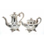 William IV silver teapot and coffee pot, each with a cast flower finial to the hinged covers, over