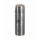 Victorian silver cylinder scent bottle, the hinged cover enclosing an inner glass stopper,