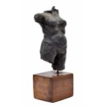 20th century - decorative heavy lead female nude torso sculpture, mounted upon a wooden cube base,