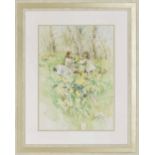 Gordon King (1939-2022) - Mother and child picking daffodils in a sunlit meadow, signed pencil and