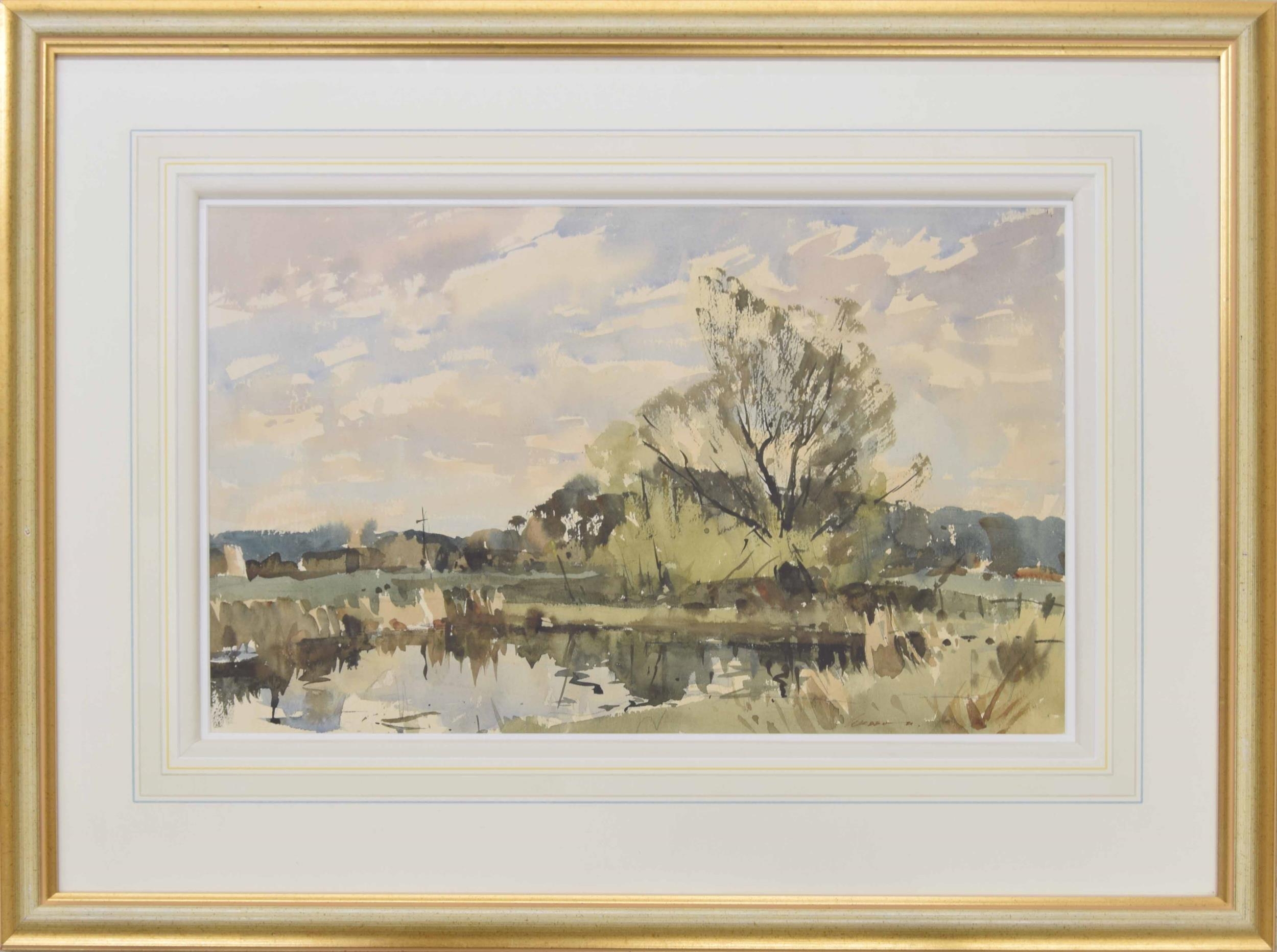 Edward Wesson RI., RSMA., RBA., RI., (1910-1983) - "Spring Morning" sunlit river scene with trees,