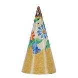 Clarice Cliff Bizarre 'Canterbury Bells' conical sugar sifter, 5.5" high (tip restored)