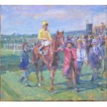 Michael Coote (b. 1931) - A race horse and jockey entering a paddock, being lead by elegantly