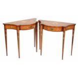 Attractive pair of satinwood crossbanded and painted side tables in the Adam style, each with oval