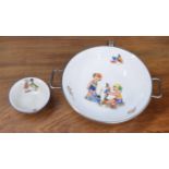 Vintage German Childs warming dish, 7.5" diameter; together with a small Sacavem Portugal