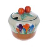 Clarice Cliff Bizarre 'Crocus' berry preserve pot and cover, 3.25"