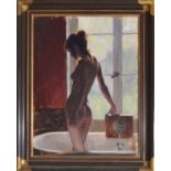 Aldo Balding (20th/21st century) - "Contemplation" nude female standing in a bath beside a sunlit