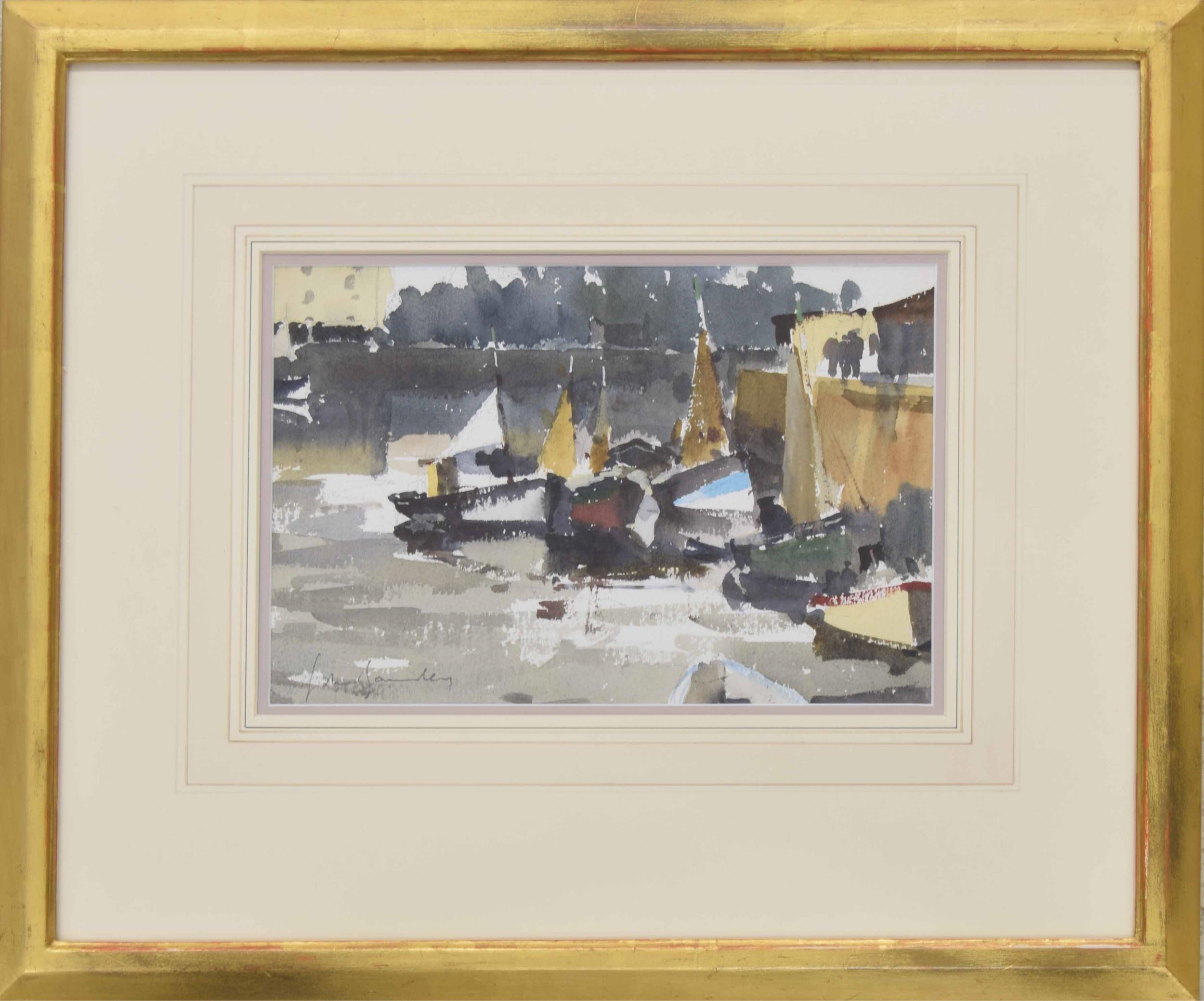 John Yardley Hon, Rtd, RI (b. 1933) - 'Boats in a sunlit harbour' with figures on a quayside nearby,