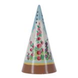 Clarice Cliff 'Hollyhocks' conical sugar sifter, 5.5" high (rim repainted); with another conical