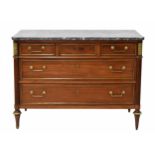 French marble top chest of three graduated drawers, 46" wide, 22.5"deep, 33.5" high