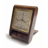 Jaeger 1930s tan leather bound folding travel clock with alarm, 3.75" x 2.5"