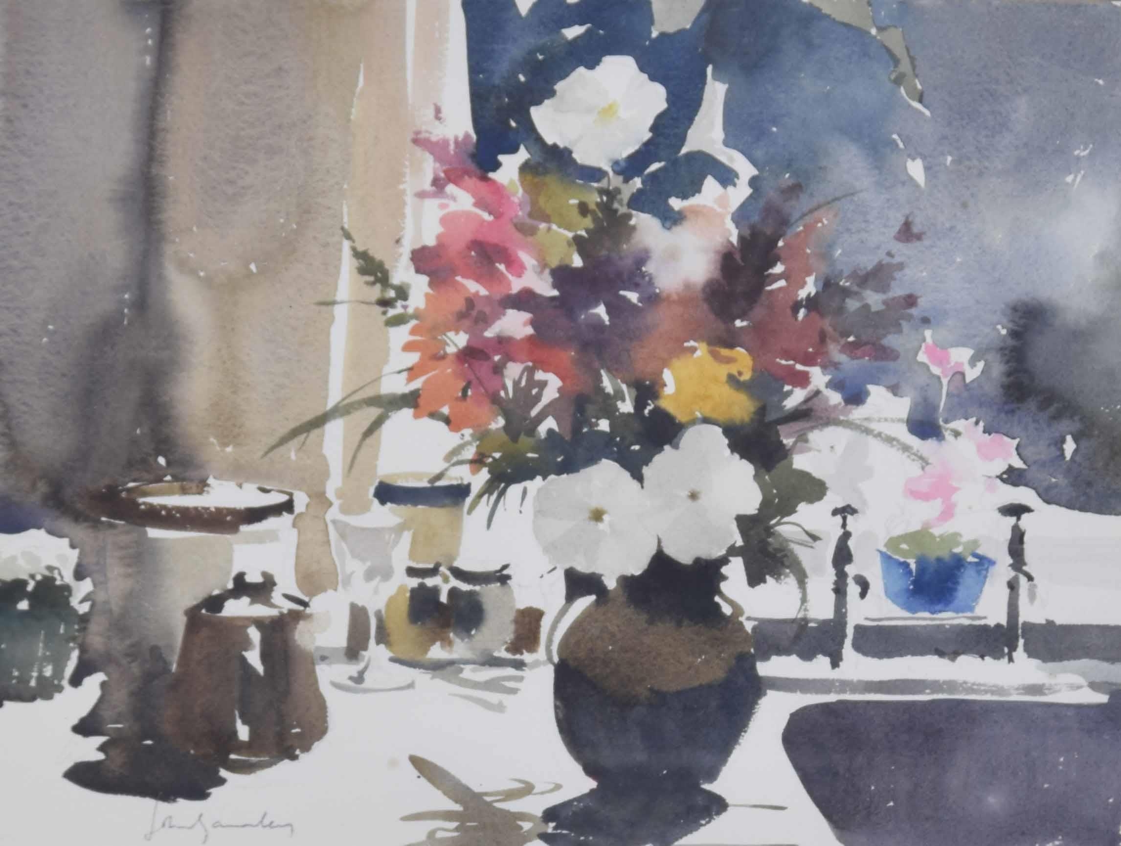 John Yardley Hon., Rtd., RI., (b. 1933) - Still life of flowers in a brown vase upon a draining - Image 2 of 3