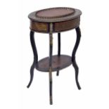 French 19th century ebonised and tortoiseshell boulle work oval jardinière stand, the top with a