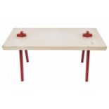 Interesting 1950s Italian 'knock down' side table, painted red and white 43.5" wide, 23" deep, 19"