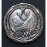 Vintage sterling silver circular brooch, repoussé with doves, Patent no. 2.327.138, 17.6gm, 59mm