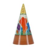 Clarice Cliff Bizarre 'Autumn Crocus' conical sugar sifter, 5.5" high