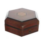 Purpleheart parquetry inlaid and banded hexagonal wooden box, the satinwood inlaid hinged cover