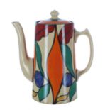 Clarice Cliff Bizarre 'Whisper' tankard coffee pot and cover, 7.5" high