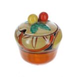 Clarice Cliff Bizarre 'Sliced Fruit' berry preserve pot and cover, 3.25" high