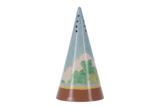 Clarice Cliff 'Hollyhocks' conical sugar sifter, 5.5" high (rim repainted); with another conical - Image 2 of 5