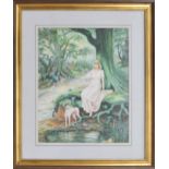 English School (20th century) - Fairy Glen, a girl seated with a dog at a pool, signed with a