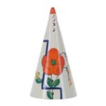 Clarice Cliff Wilkinson honey glaze conical sugar sifter, painted with an orange stylised flower,