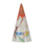 Clarice Cliff 'Orange Taormina' conical sugar sifter, 5.5" high (hairline to the body)